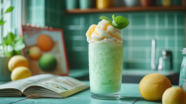 Pastel green melon cream soda with mint leaves and ice enjoyed in a cozy setting featuring 1970s decor and natural window lighting
