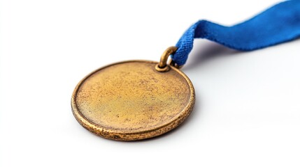 Close-up of a bronze medal with a blue ribbon on a white background.