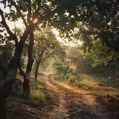 A sunlit dirt path lined with lush green trees leads to a quaint house, embodying tranquility and the journey home at golden hour.