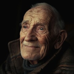 Fototapeta premium An elderly man with deep lines of wisdom and a warm smile, wrapped in a cozy blanket, reflects on cherished memories by a window's soft light.