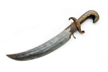 Obraz premium An antique pirate cutlass with a slightly curved blade and ornate guard, resting on a white background.