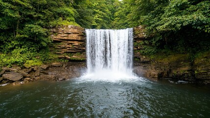 Obraz premium Mindful living serenity positivity concept. Serene waterfall cascading into a tranquil pool surrounded by lush greenery.