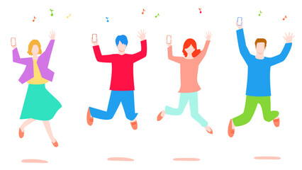 Fototapeta premium Illustration of a young man and woman jumping while holding a cell phone.