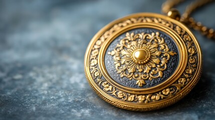 Close-up of a decorative gold-toned pendant with intricate black design.