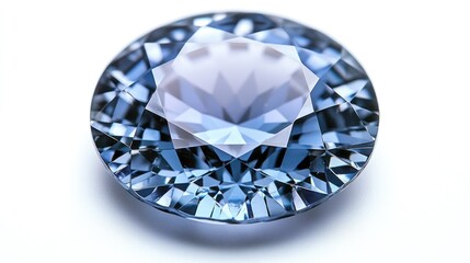 Close-up of a faceted, round, light-blue gemstone.