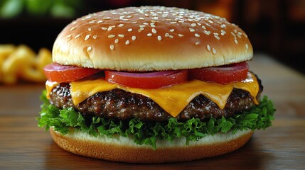 Close-up of a delicious cheeseburger with fresh toppings on a wooden surface.