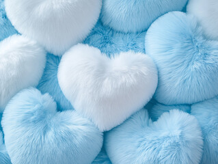Horizontal fluffy plush white and blue hearts texture background for phone wallpapers