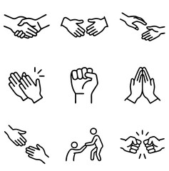 Obraz premium Collection of hand gesture icons including shaking hands, clapping, and helping in a minimalist line art design with copy space