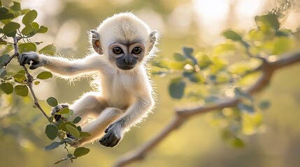 Obraz premium Adorable baby monkey clinging to a tree branch.
