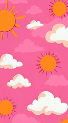 A vibrant pink background with stylized suns and fluffy clouds, creating a cheerful atmosphere.
