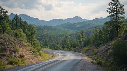 A winding road through a lush green valley, with mountains in the background.