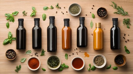 Captivating Flatlay of Assorted Sauce Bottles on a Rustic Wooden Table Perfect for Culinary Inspiration