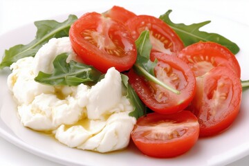 A plate of tomatoes, cheese and greens