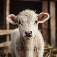 Obraz premium Charming Scene of a Small White Cow Standing Gracefully Inside a Rustic Barn, Illuminated by Soft Natural Light, Evoking Peaceful Farm Life Atmosphere