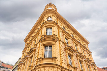 Impressive facade of buildings in the unesco city of Prague, Czechia.