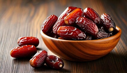 dates in a wooden bowl. Generative AI.