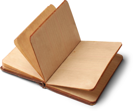 blank old opened hardback pocket sized book or diary isolated white background, yellowed pages small brown spots and frayed edges