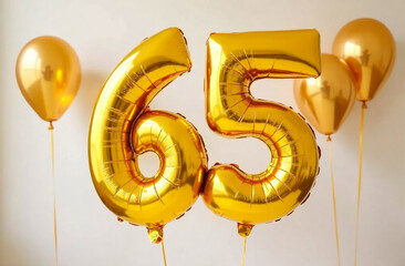 Number 65 gold foil balloon birthday party decoration on white wall background.
