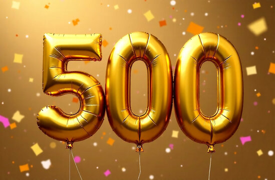 Number 500 gold foil balloon party decoration on festive confetti background.. Happy Birthday greeting card. 3D Render