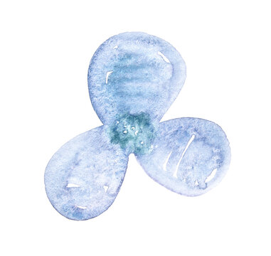 Watercolor blue three-petal flower with abstract design and soft texture on white background.
