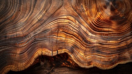 Naklejka premium The beautifully polished wood grain exhibits rich textures along with flowing patterns in a stunning display