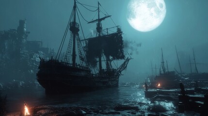 Fototapeta premium A haunting pirate ship sails through dark waters under a full moon, evoking mystery and adventure. The atmospheric scene features rugged coastlines and flickering fires nearby.. AI Generation
