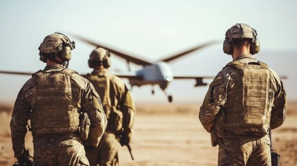 Fototapeta premium Soldiers watching drone landing in desert.