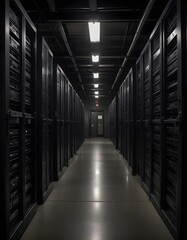 Fototapeta premium A long, dark hallway lined with server racks and equipment, creating a moody, industrial atmosphere