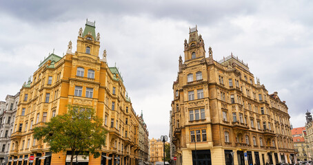 Tall buildings with beautiful facades in the streets of the UNESCO city of Prague, Czech Republic