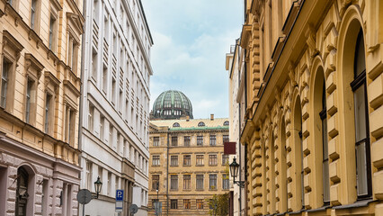 Tall buildings with beautiful facades in the streets of the UNESCO city of Prague, Czech Republic