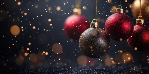 Festive Christmas banner with shining gold and red baubles hanging from top on black sparkling bokeh background, copy space