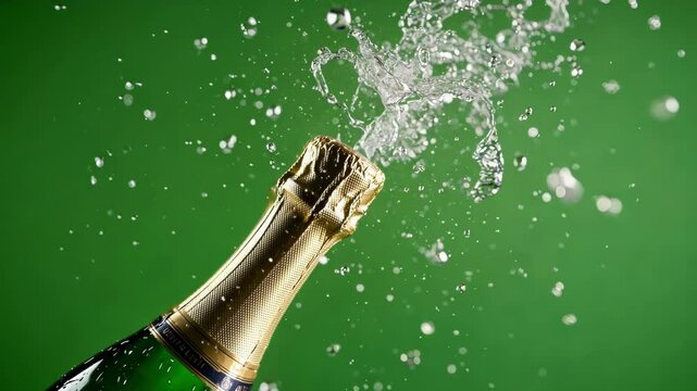 Champagne cascading from an open bottle. Green screen chromakey