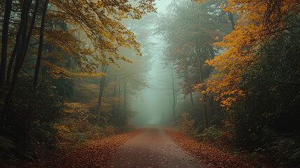 forest path in the misty autumn woods, with trees of various shades and leaves on the ground 