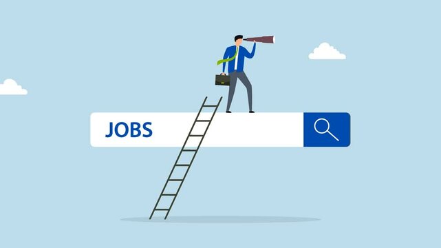 Looking for new job, businessman ascends the job search ladder with binoculars to spot opportunities. 