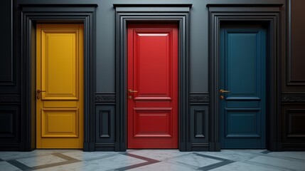 Colorful Three Doors in a Photorealistic Hallway with Unique Styles and Vibrant Design