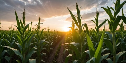 A corn field at sunset, with tall green stalks of corn in the foreground and the sun peeking through the clouds in the background