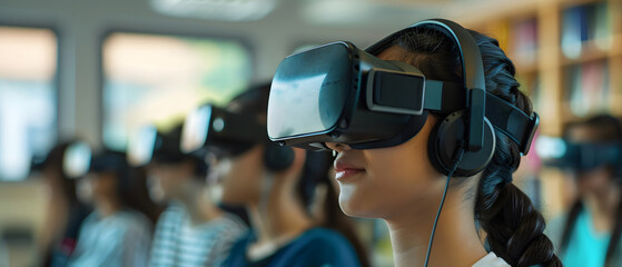 Diverse Group of Students Engaged in Virtual Reality Experience Using Headsets and Headphones at Modern Educational Facility in Class Setting