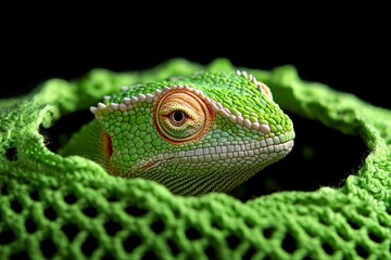 Fototapeta premium Green Lizard in Green Netting Reptile Closeup Wildlife Photography