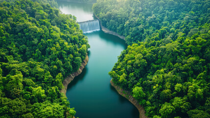 Fototapeta premium Aerial view of hydroelectric dam surrounded by lush green forest