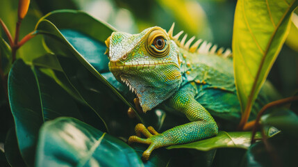 Fototapeta premium Close-Up of a Colorful Lizard Resting Among Lush Green Leaves in a Tropical Setting, Showcasing Intricate Details and Vibrant Colors of Reptilian Life