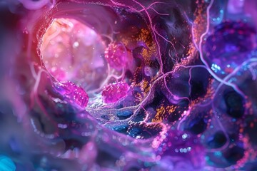 A close-up view of a cell showcasing vibrant purple and pink hues, highlighting its intricate structure and details. Nanomachines reconstructing tissue.