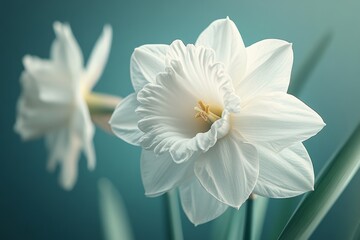 Fototapeta premium Close-up of delicate white narcissus flowers showcasing their intricate beauty against a soothing teal backdrop