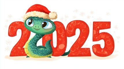 Playful illustration of a smiling snake wearing a Santa hat, integrated with the red numerals 2025 to celebrate the New Year. Cheerful and festive, suitable for holiday content.. AI Generation