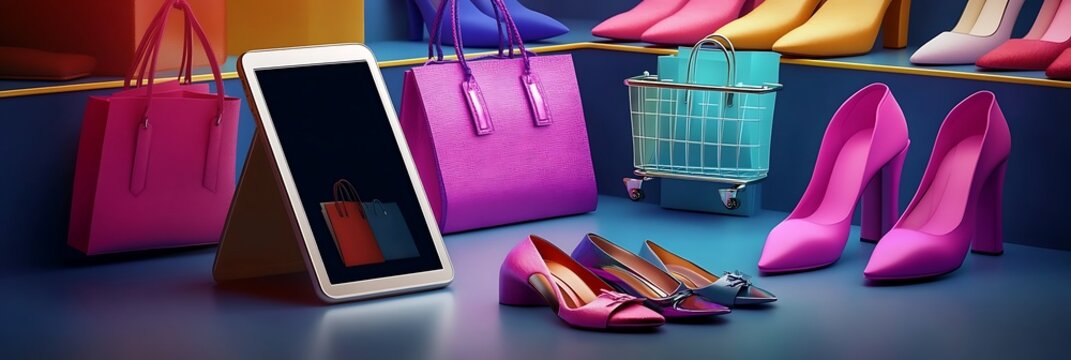 Online shopping concept with a mobile tablet, shopping cart, and various bags and shoes. E-commerce concept. Fashion purchases from online stores, Generative Ai - Powered by Adobe