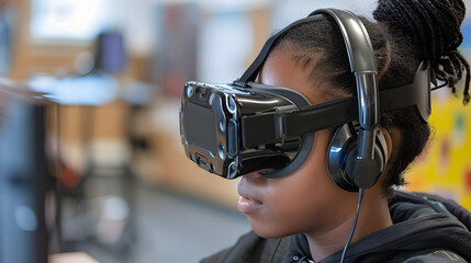 Young girl experiences immersive technology with virtual reality headset in a modern classroom setting, engaging with educational content and interactive learning tools.