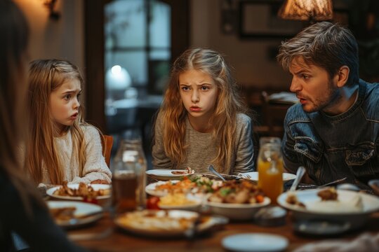 Family having dinner at home, father scolding daughters for bad table manners