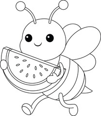 Cute kawaii cartoon character bee bee holding watermelon coloring page for kids