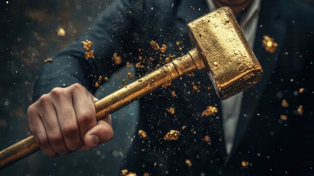 Businessman Breaking Golden Key with Large Hammer in Dramatic Scene of Success and Achievement