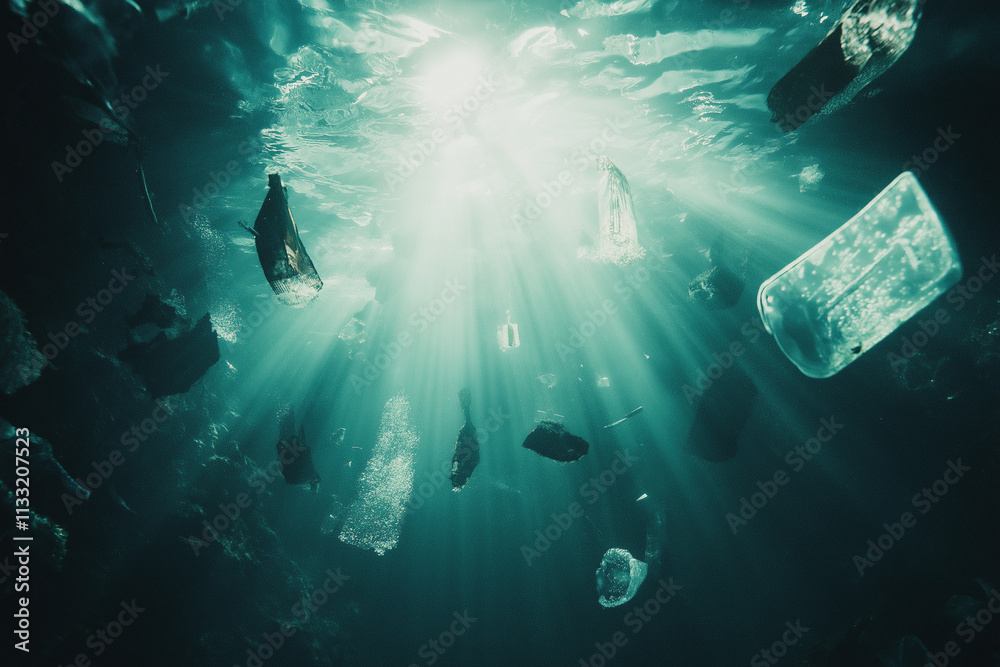 Canvas Prints plastic pollution in ocean, underwater shine with garbage floating on sea, environmental problem