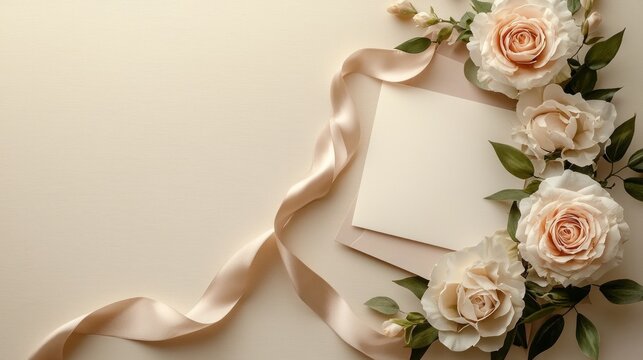 Beautifully designed wedding invitation cards feature soft floral arrangements and graceful ribbons, perfect for setting the tone of love and unity in a romantic celebration